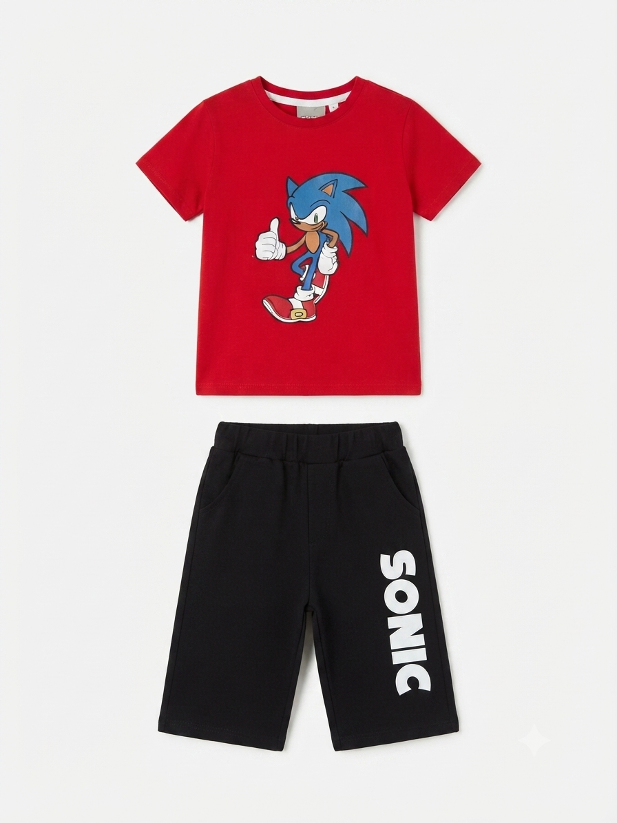 Set niño playera roja y short negro con estampado de Sonic