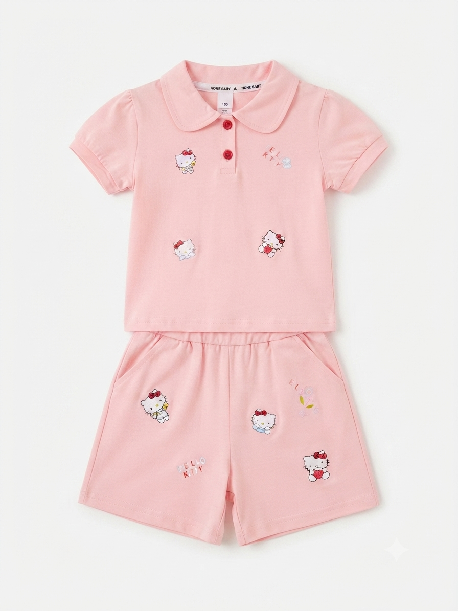 Set niña rosa con playera tipo polo y short de gatita