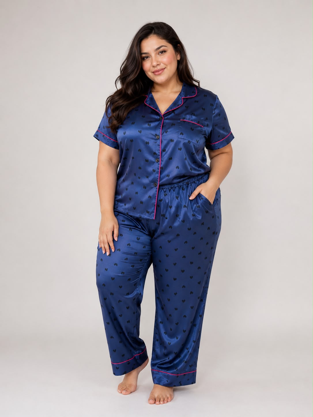 Pijama Dama Satinada Corazones Azul