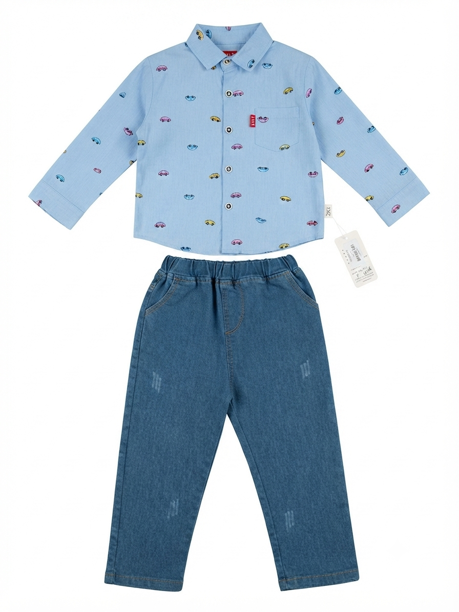 Set niño camisa estampada + pantalón de mezclilla