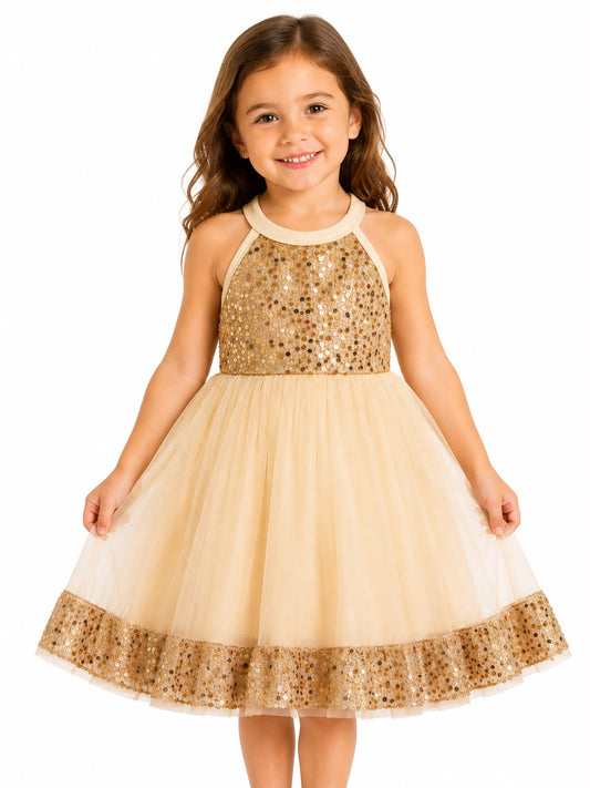Vestido niña de fiesta dorado con lentejuelas