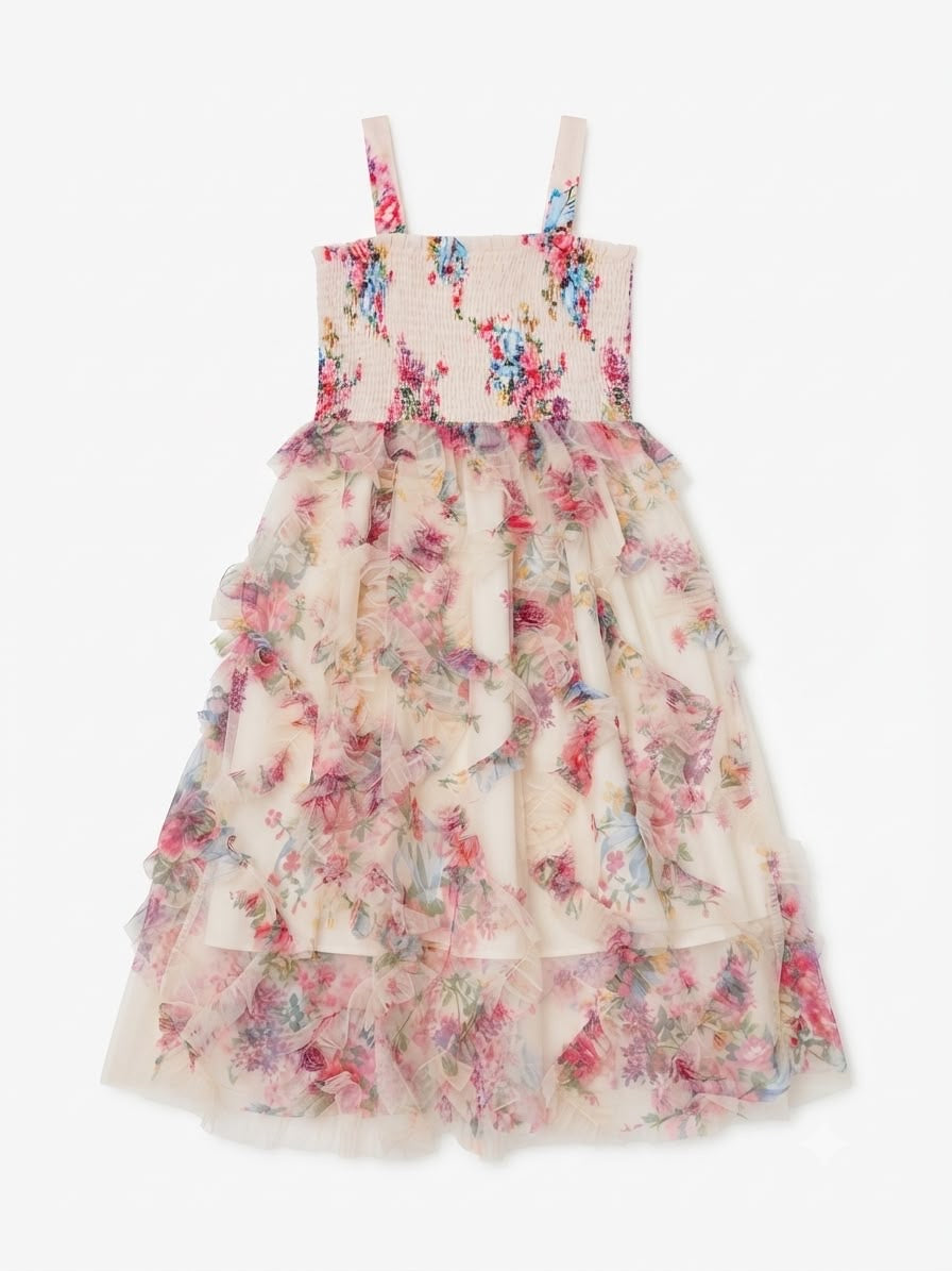 Vestido niña floral de tul con Olanes