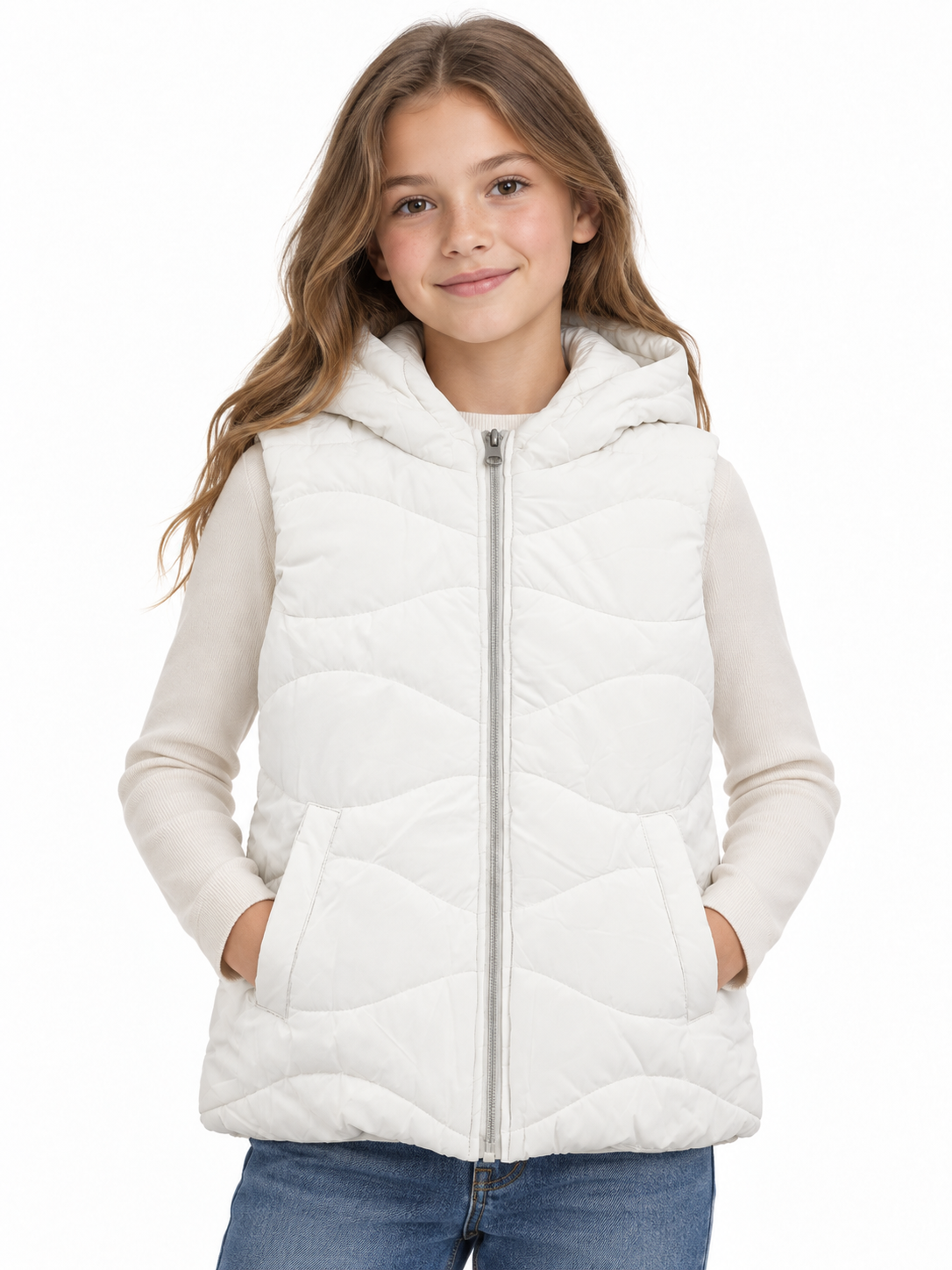 OFERTA | Chaleco niña acolchado con gorro blanco