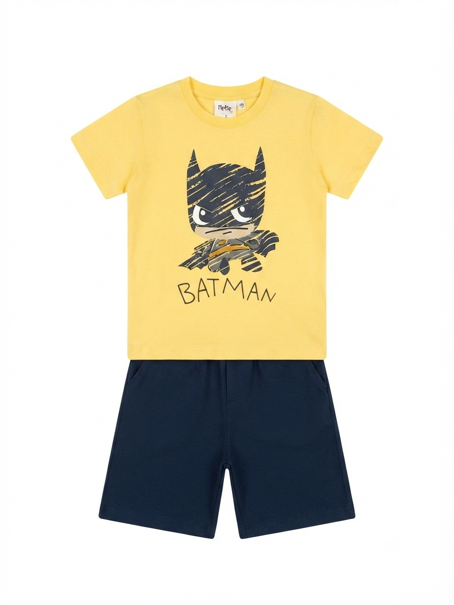 Set niño playera amarilla y short azul marino con estampado de Batman