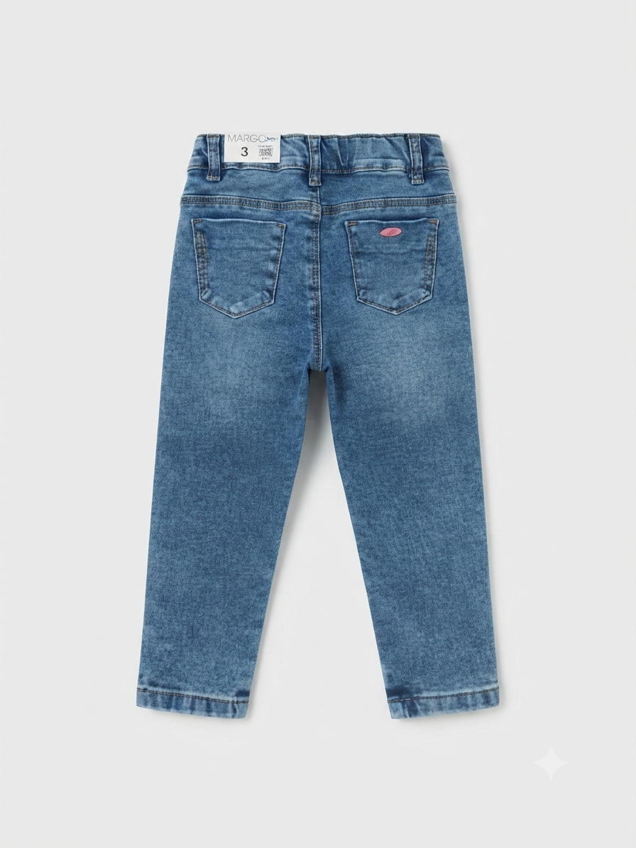 Pantalón niña de mezclilla con bolsillos de gatito y llavero electrónico