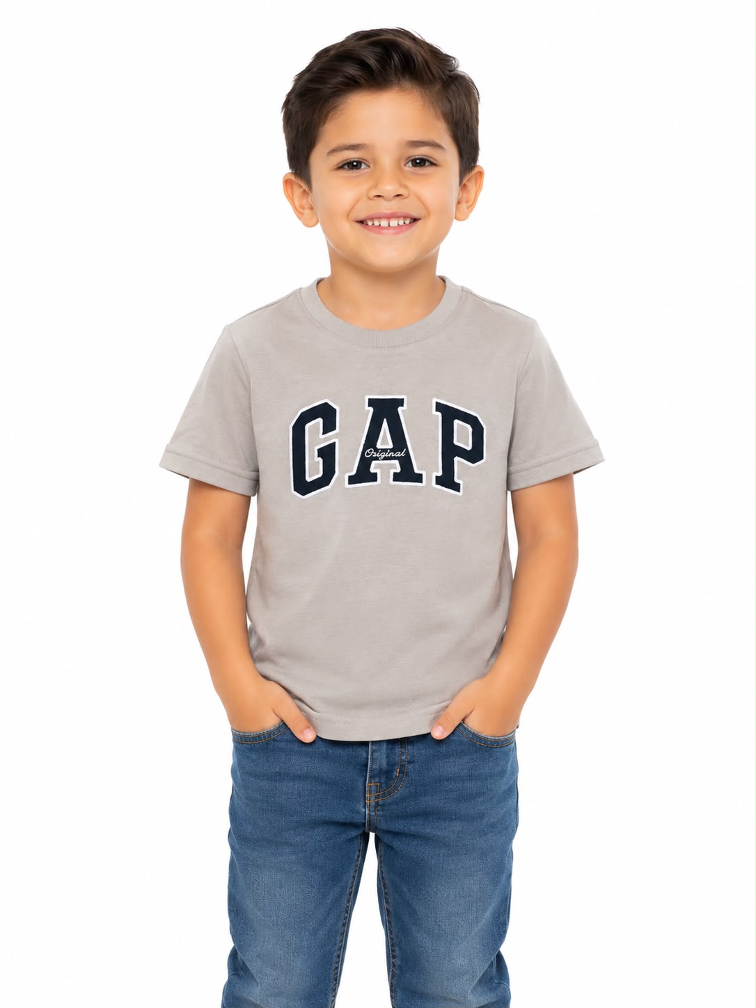 Playera niño cuello redondo color beige con estampado frontal