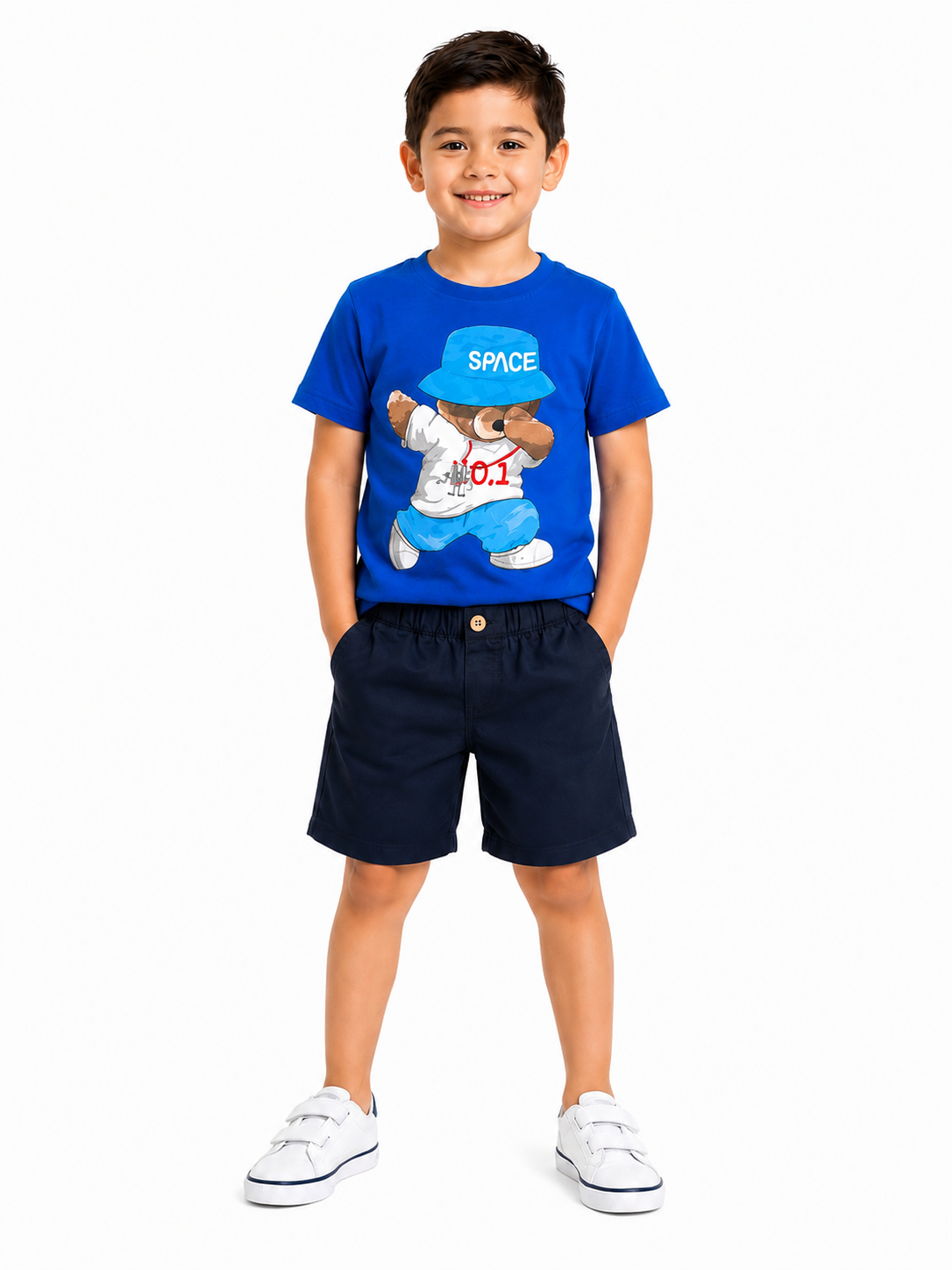 Set niño playera azul con short azul marino estampado de oso estilo casual moderno
