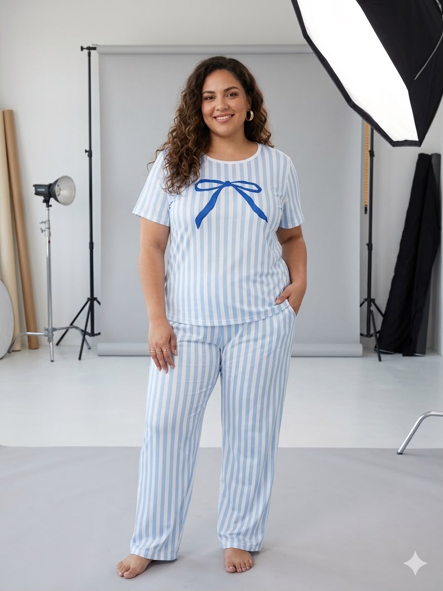 Pijama Dama Rayas Azul Cielo con Moñito