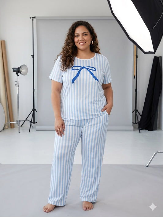 Pijama Dama Rayas Azul Cielo con Moñito