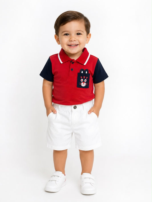 Set niño tipo polo rojo con short blanco