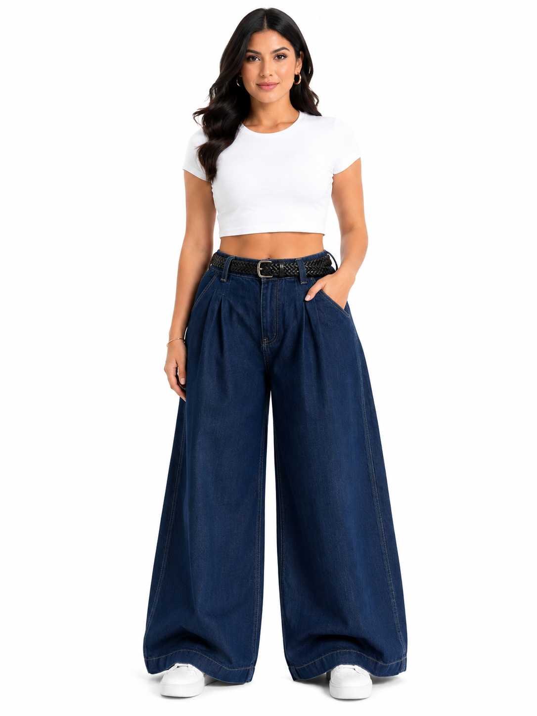 Pantalón dama mezclilla palazzo tiro alto con cinturón