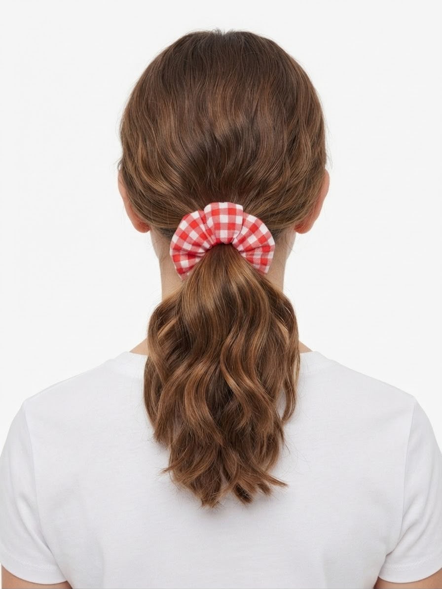 Liga cabello accesorio estampado cuadros rojo y blanco