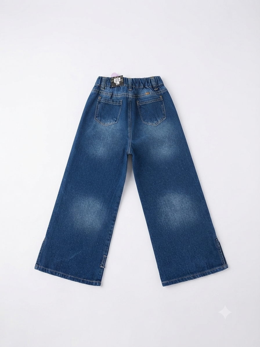 Pantalón niña corte wide leg mezclilla con llavero de corazón
