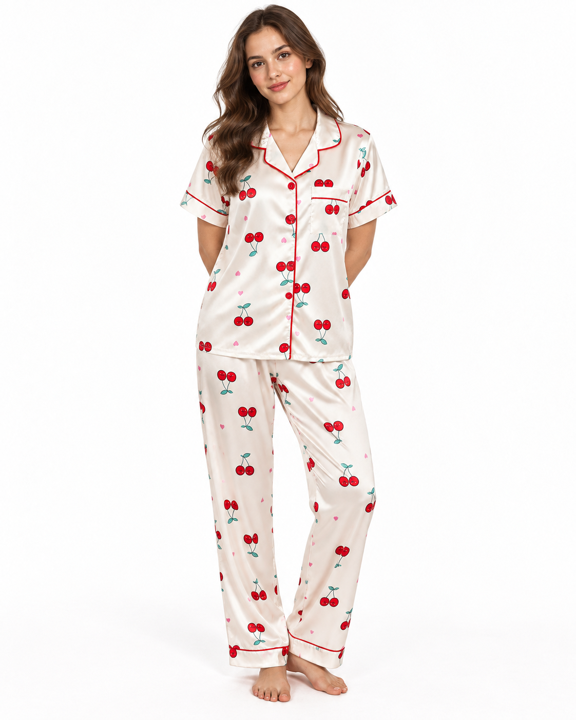 Pijama dama satinada de cerezas 🍒✨