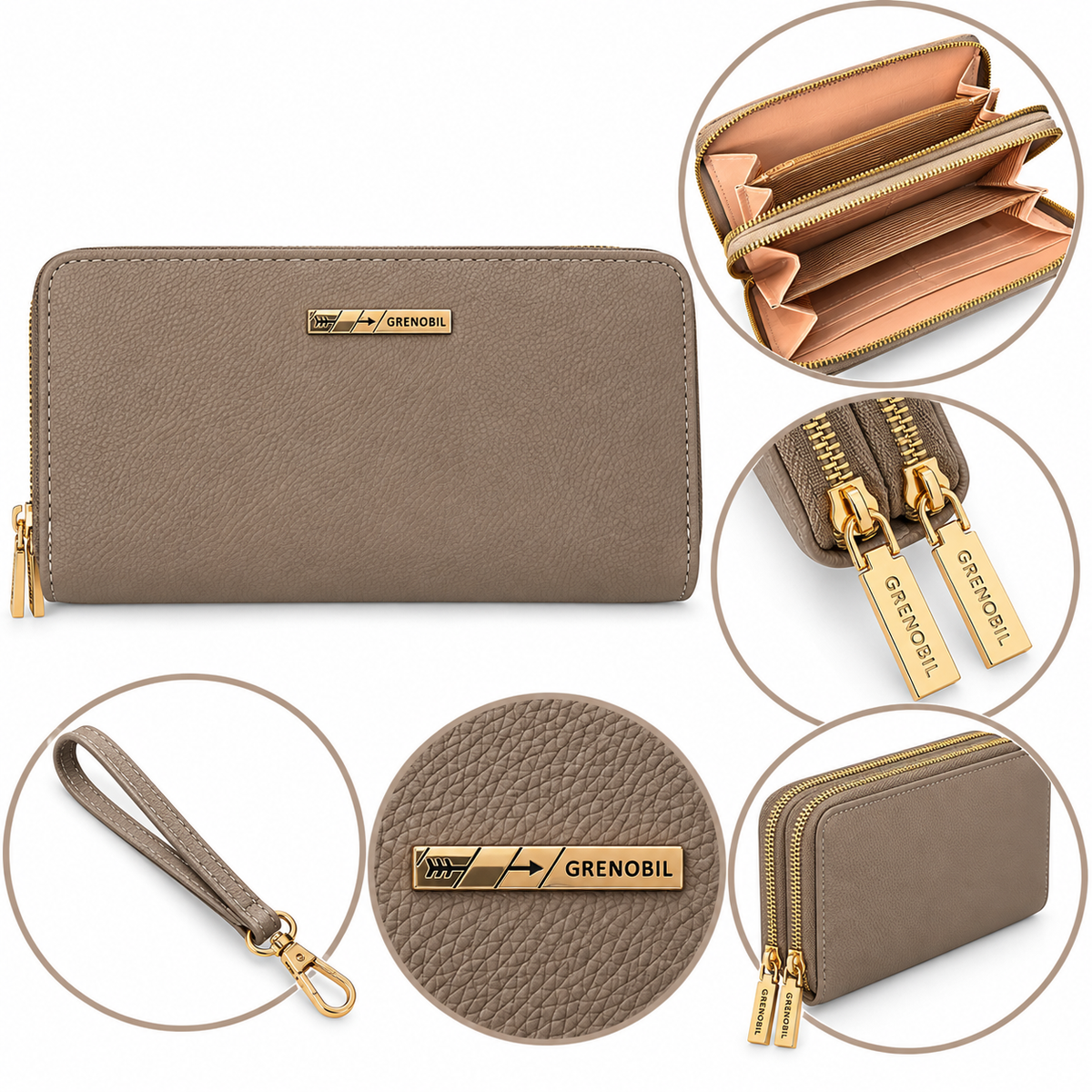 Cartera dama con doble cierre y múltiples compartimentos