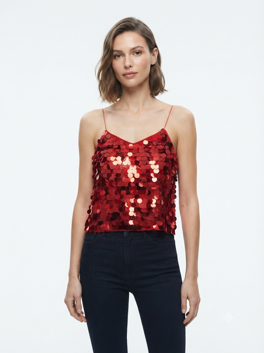 Blusa Dama OFERTA Lentejuelas Tirantes Delgados Color Rojo