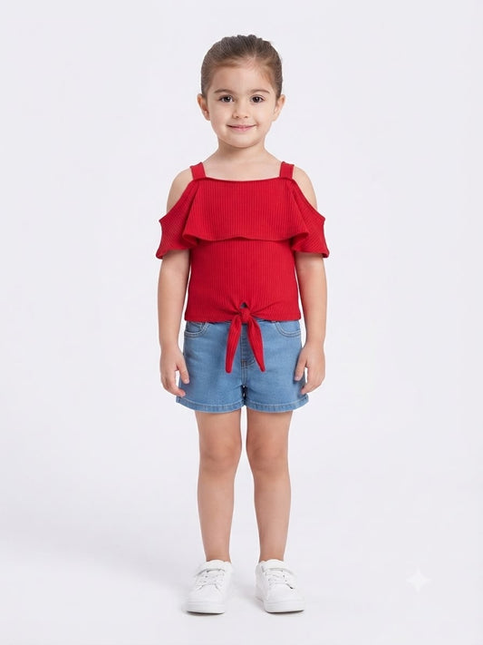 Blusa niña roja con hombros y moño frontal