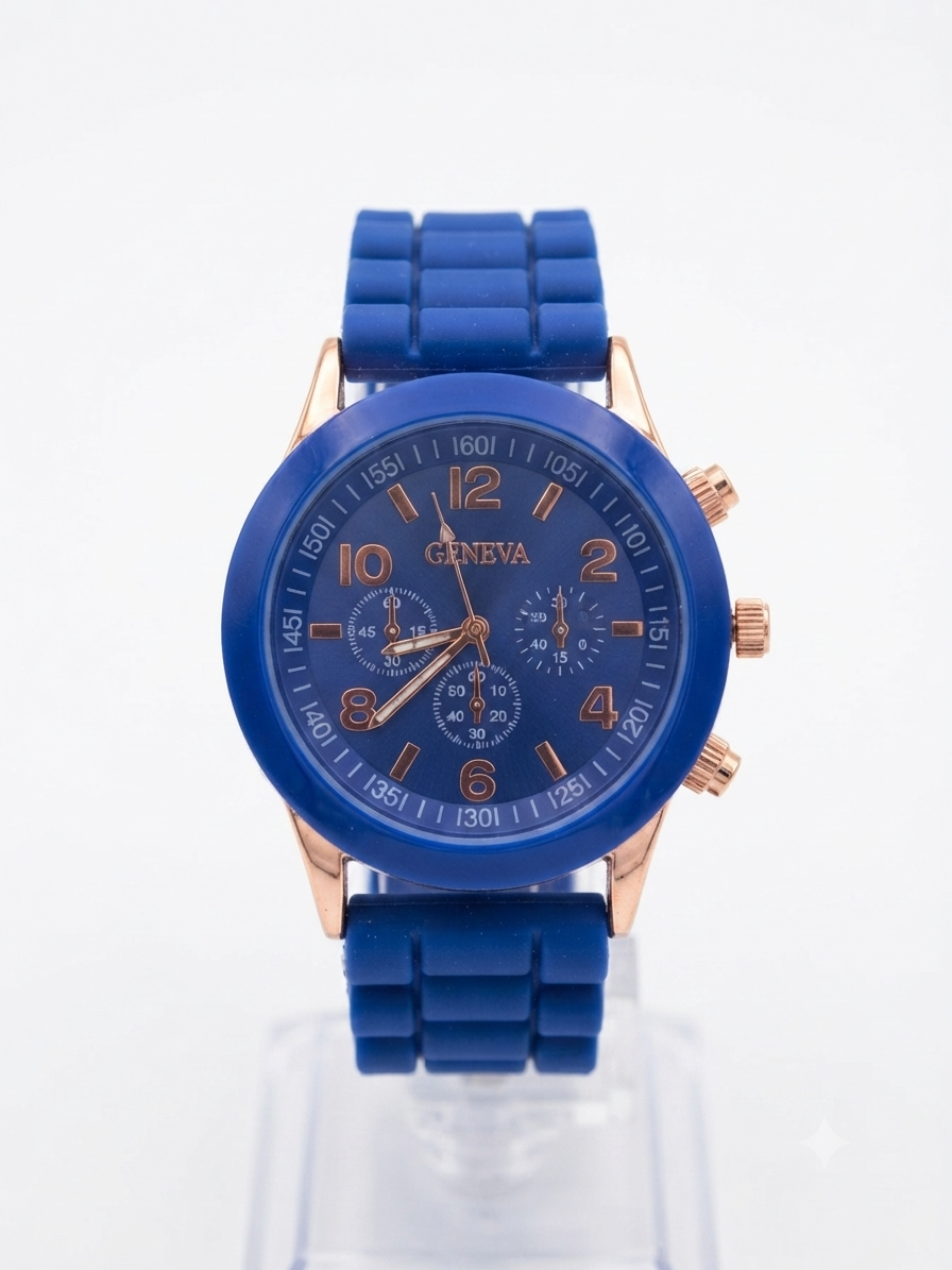 Reloj dama azul marino de silicón con detalles oro rosa