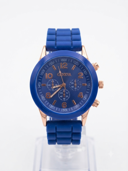 Reloj dama azul marino de silicón con detalles oro rosa