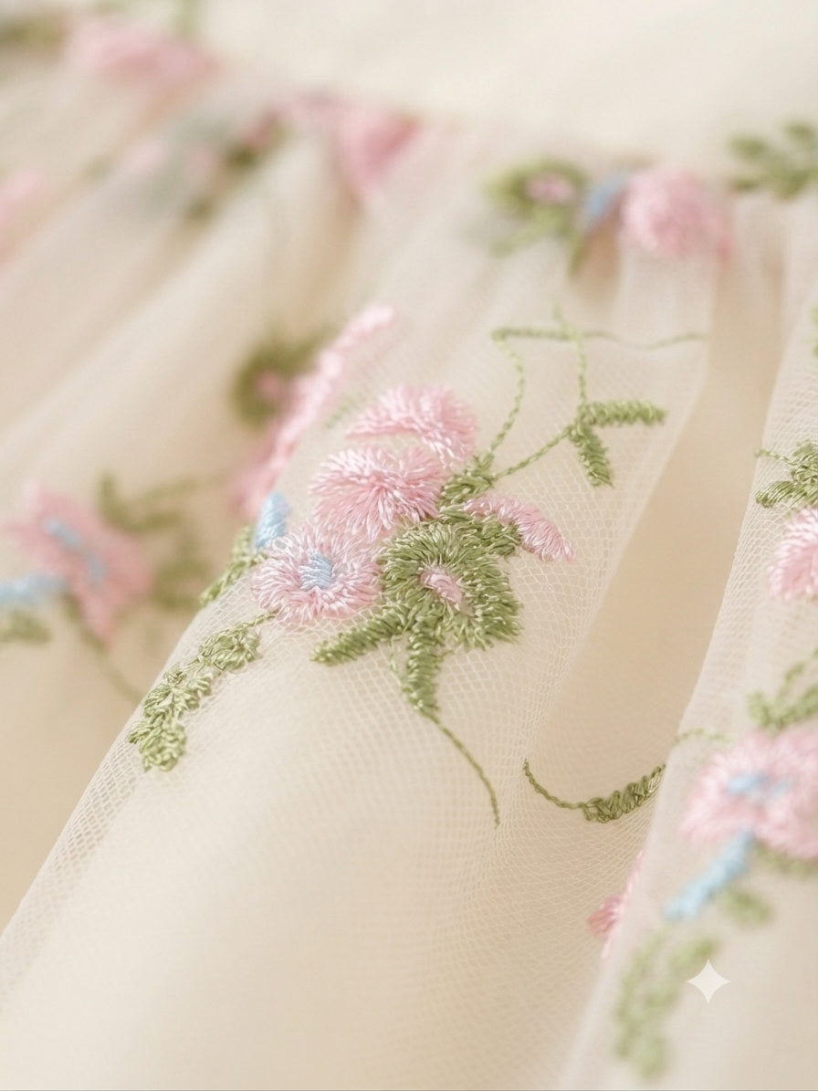 Vestido niña marfil con tul bordado floral y mangas de organza