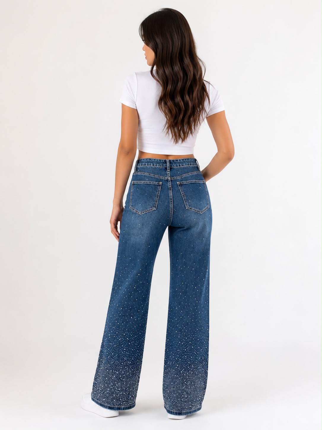 Pantalón Dama de Mezclilla Wide Leg Azul con Aplicaciones de Brillos