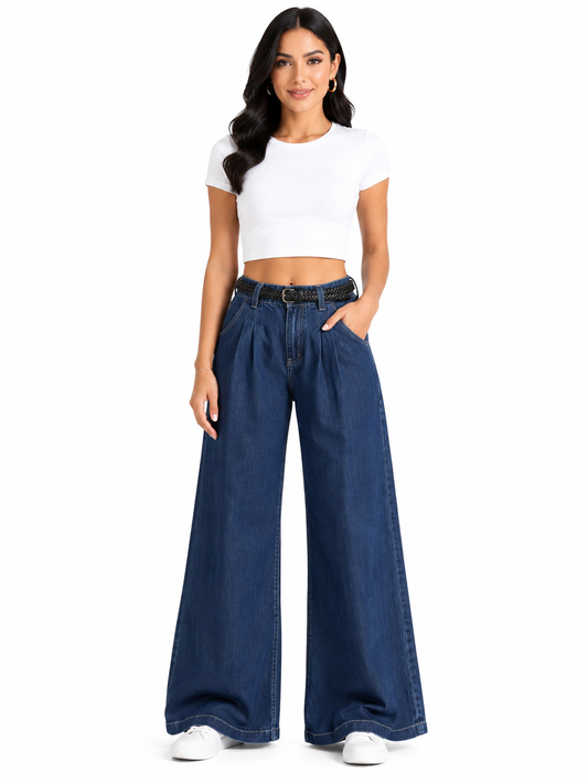 Pantalón dama mezclilla palazzo tiro alto con cinturón