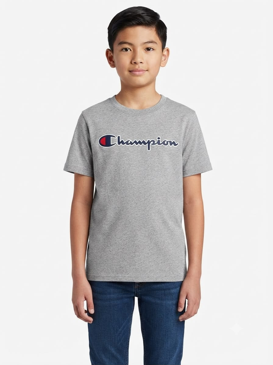 Playera niño cuello redondo color gris jaspeado con estampado frontal