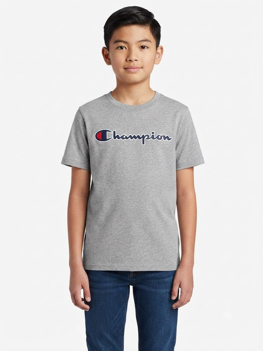 Playera niño cuello redondo color gris jaspeado con estampado frontal