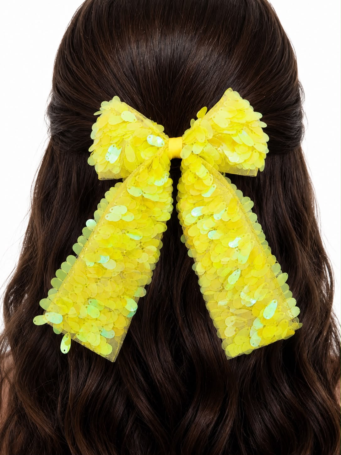 Moño niña amarillo con lentejuelas y tirantes largos 🎀💛✨