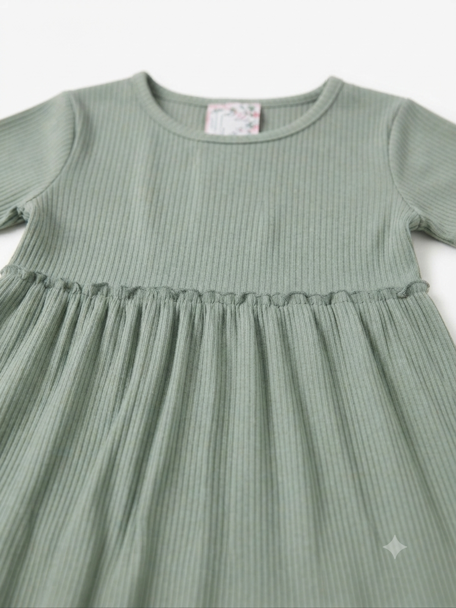 Vestido niña gris de tela acanalada con olanes