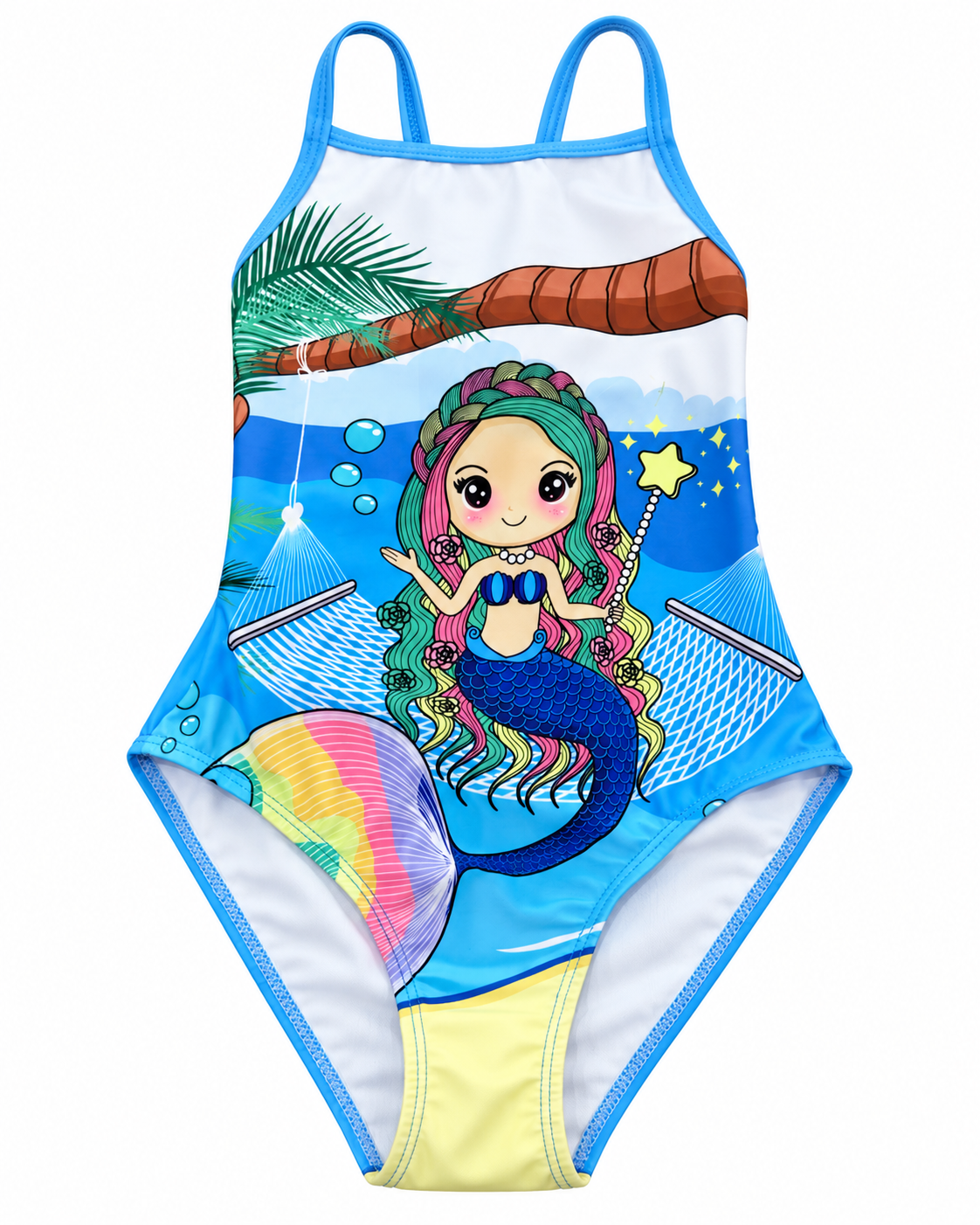 Traje de baño infantil con estampado de sirena y diseño tropical