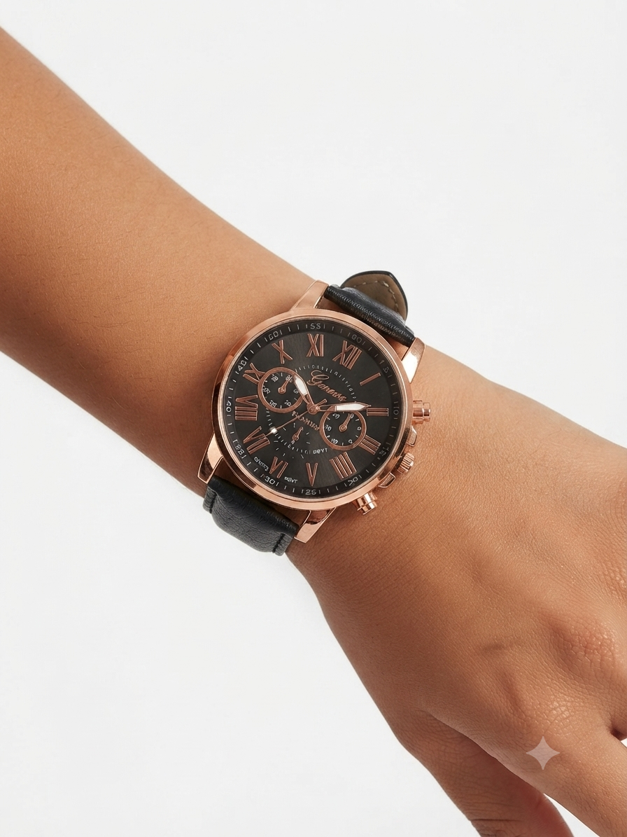 Reloj dama correa negra bisel oro rosa carátula negra