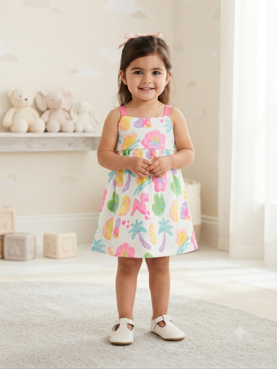 Vestido niña estampado tropical multicolor con tirantes rosa