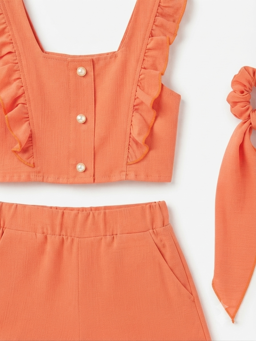 Set niña naranja con top de olanes, short y accesorio