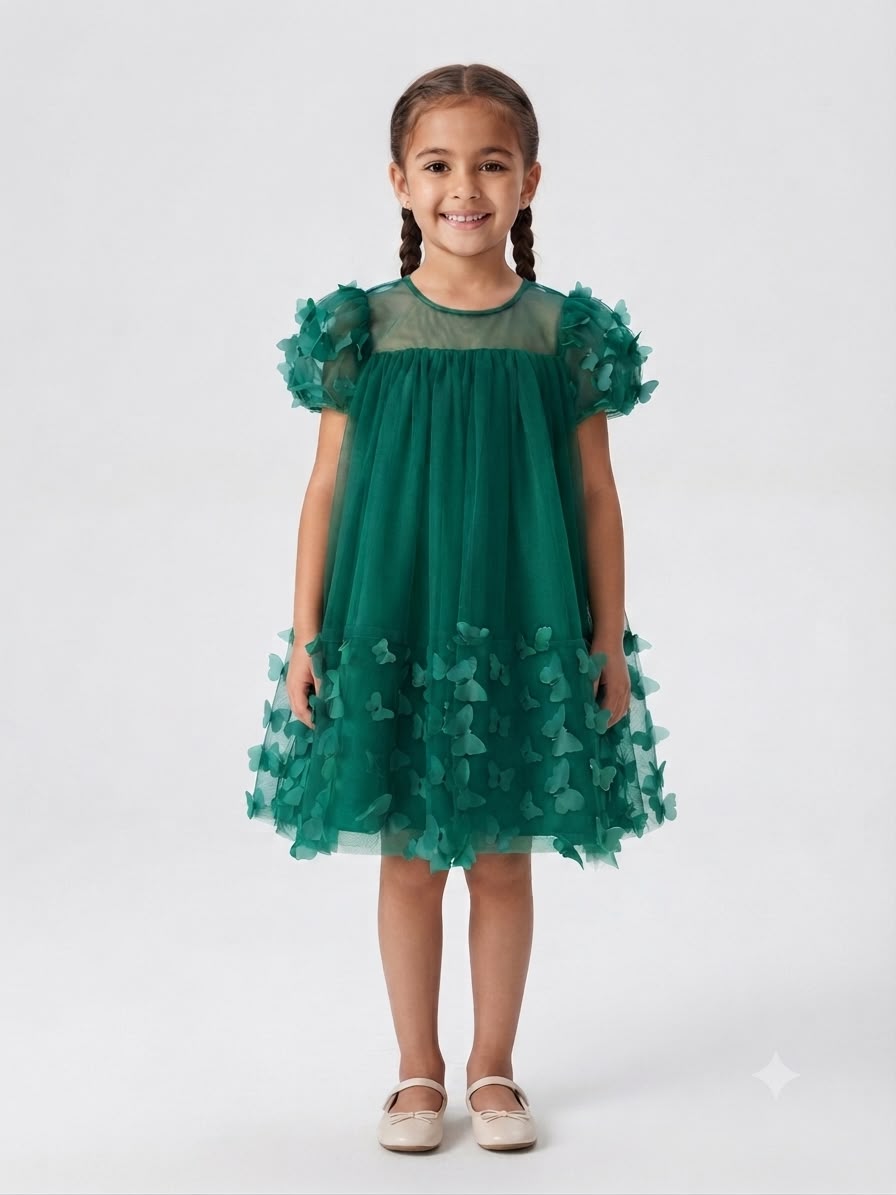 Vestido niña verde de tul con mariposas en 3D