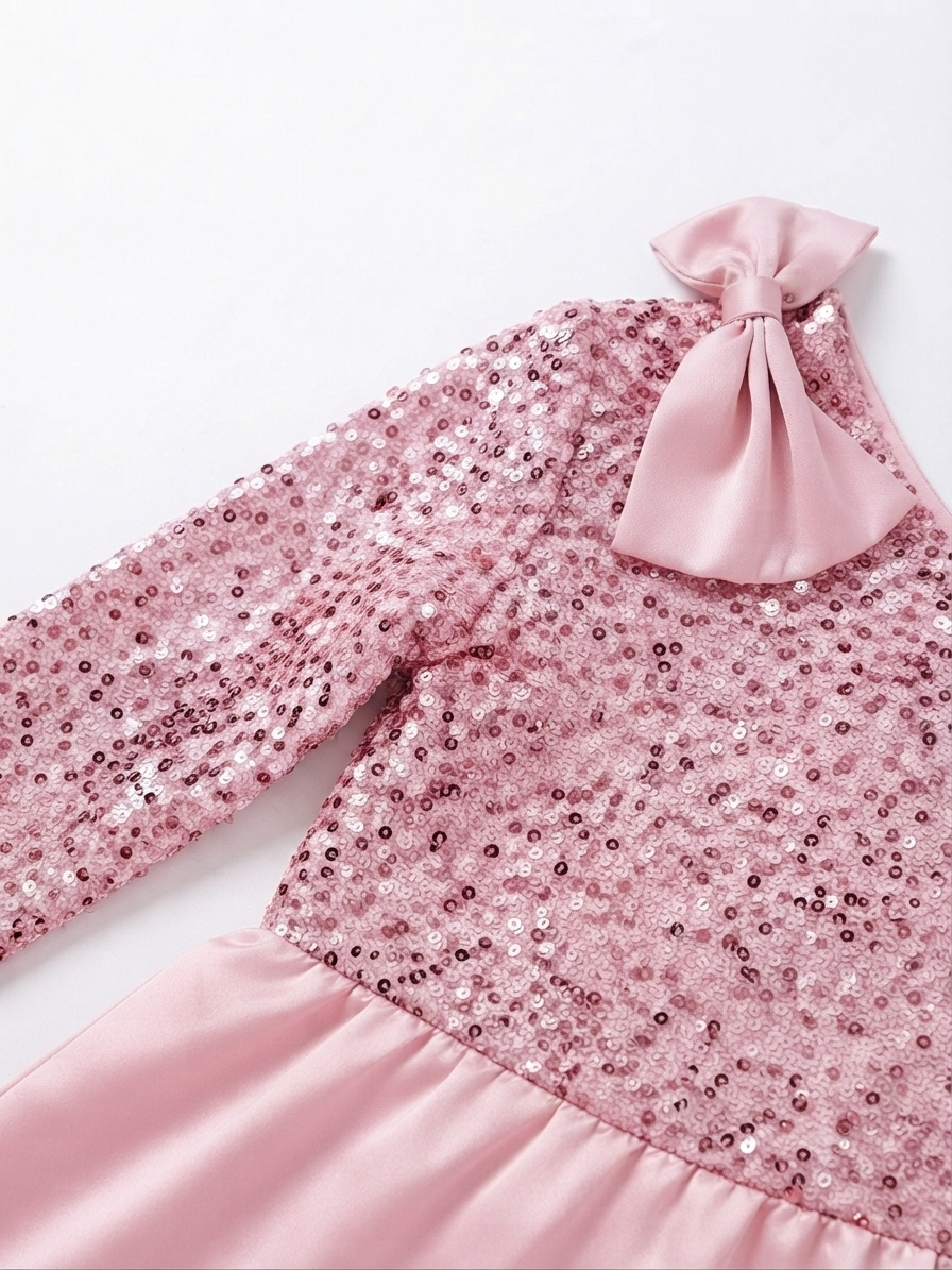 Vestido niña de un hombro con lentejuelas y moño decorativo