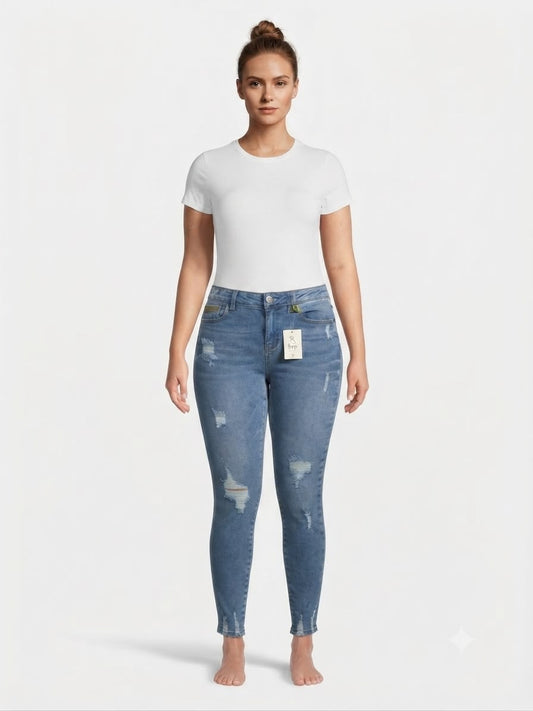 Pantalón dama mezclilla skinny plus con rasgados