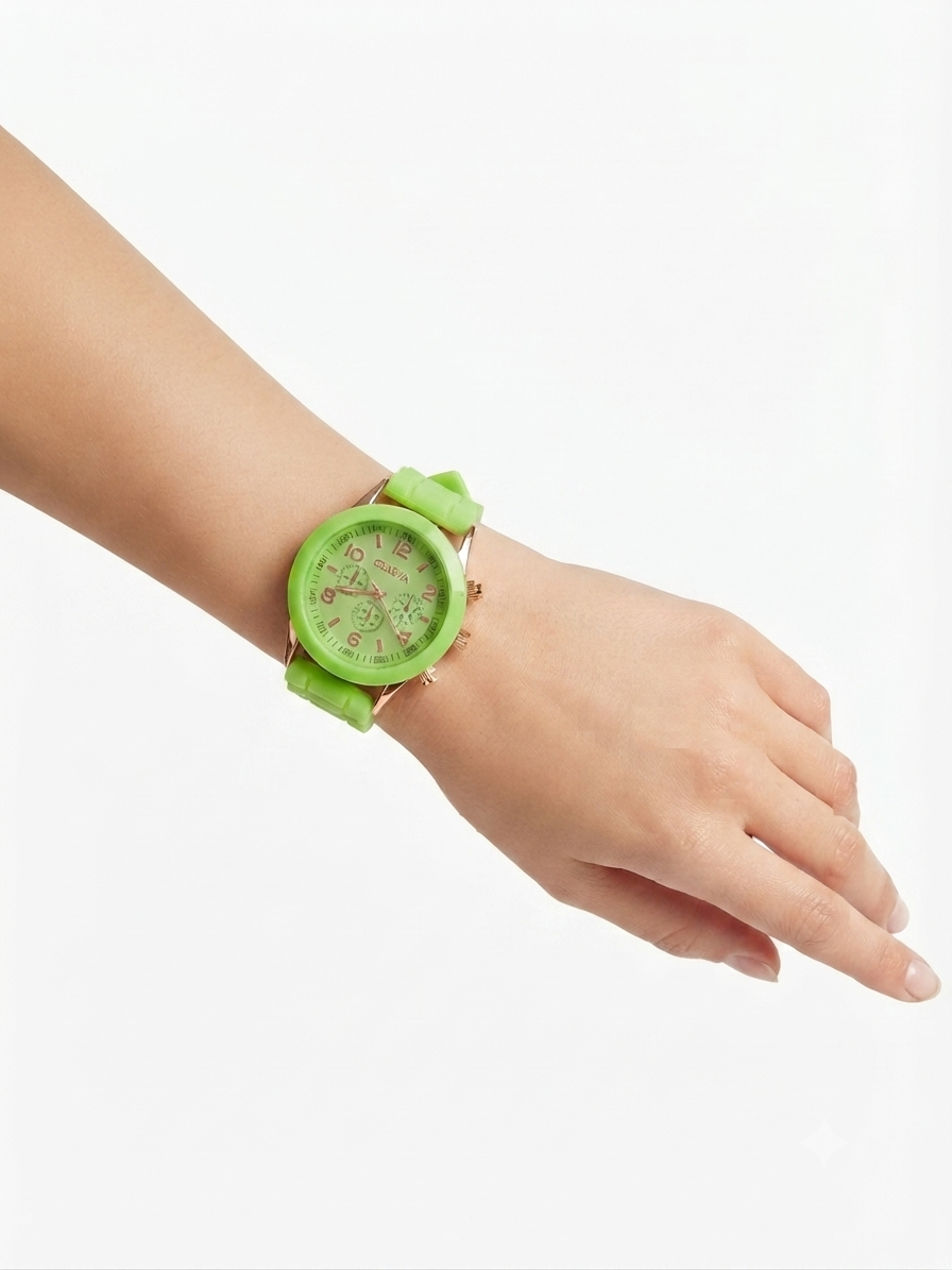 Reloj dama verde limón de silicón con detalles oro rosa