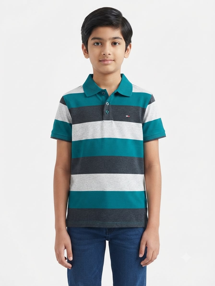 Playera niño tipo polo rayas verde, gris y gris oscuro