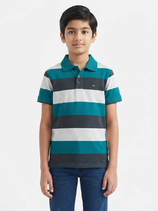 Playera niño tipo polo rayas verde, gris y gris oscuro