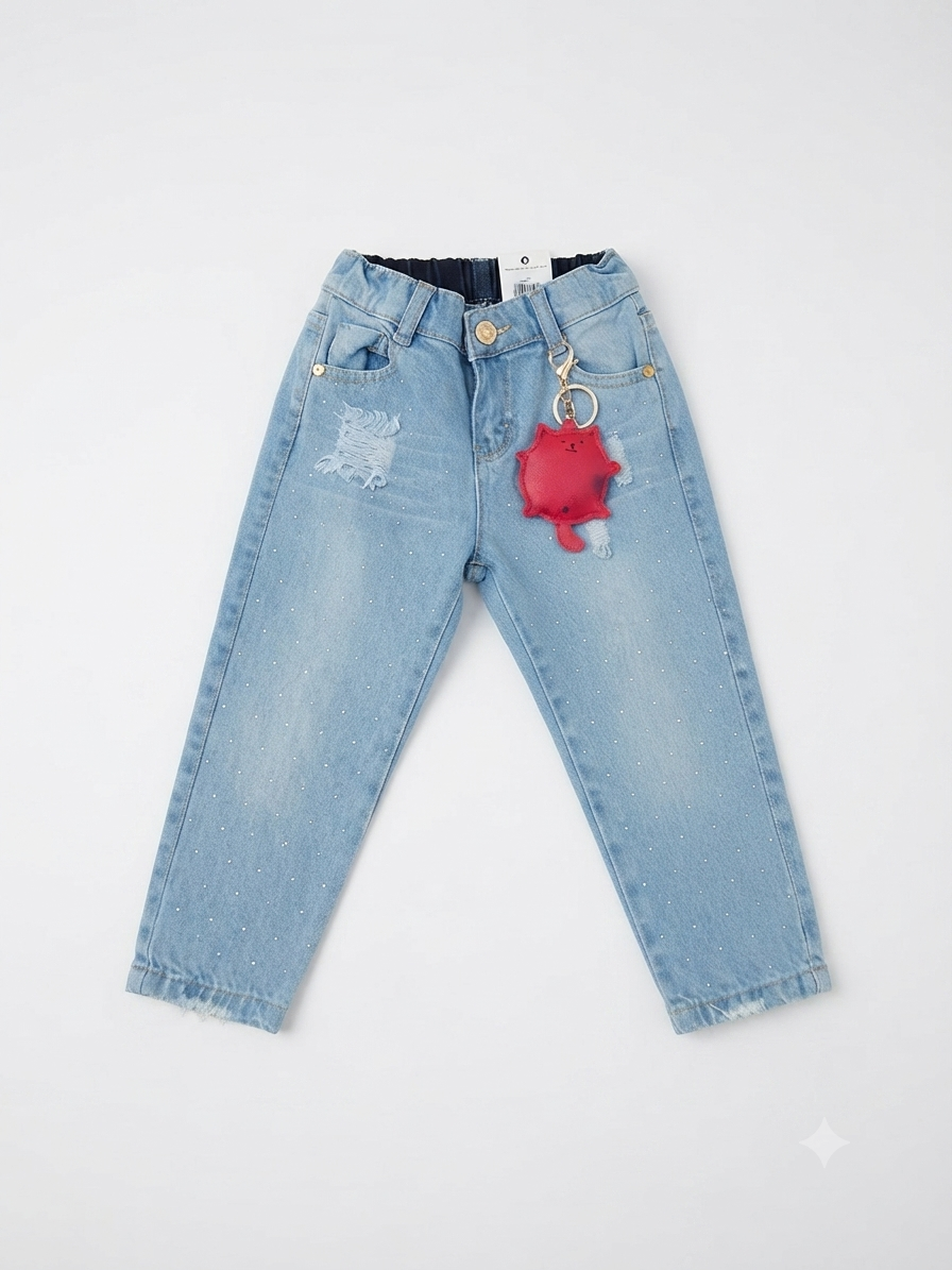 Pantalón niña de mezclilla con brillos y llavero de gatito
