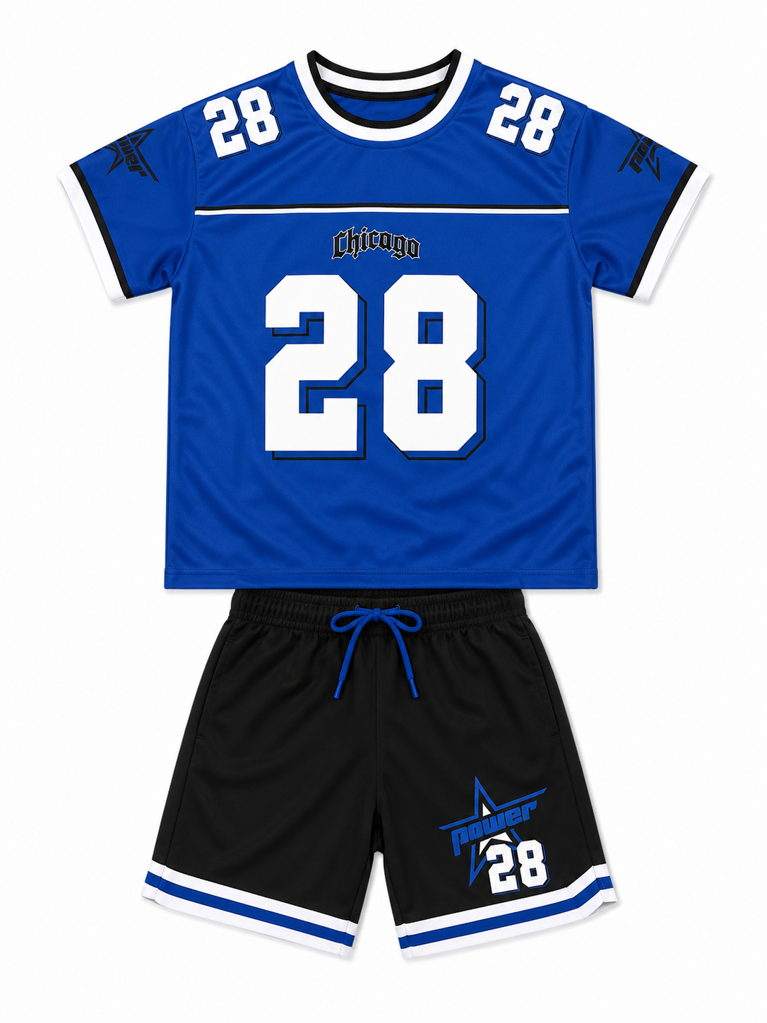 Set niño deportivo azul con short negro estampado número 28 estilo deportivo casual