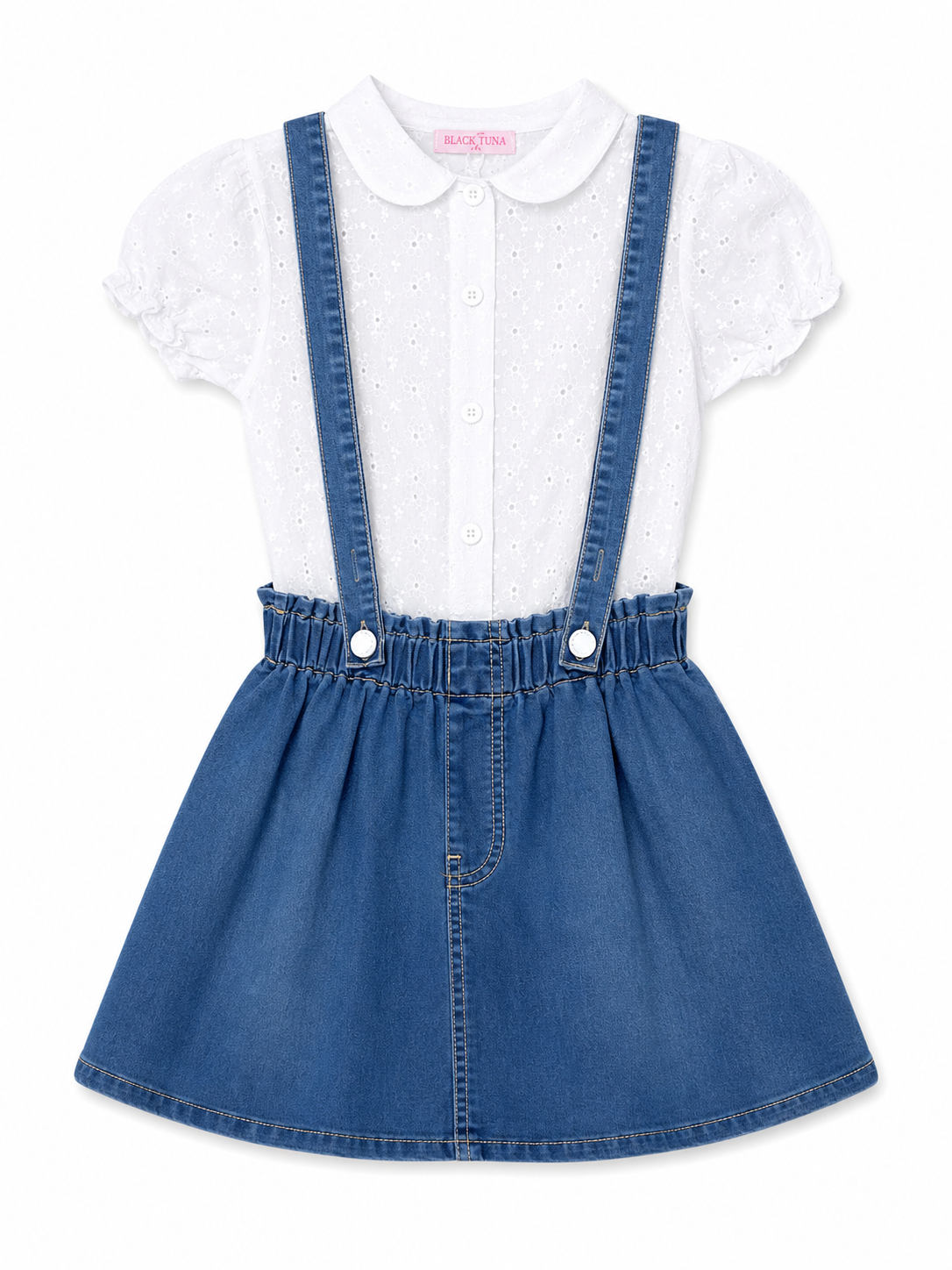 Set niña con blusa bordada y falda de mezclilla con tirantes