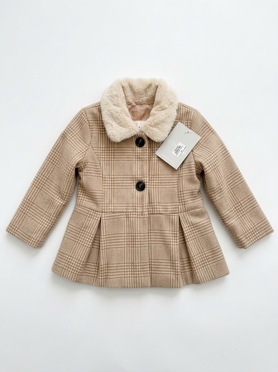 Vestido niña tipo abrigo Beige Cuadro Glen con Cuello de Peluche