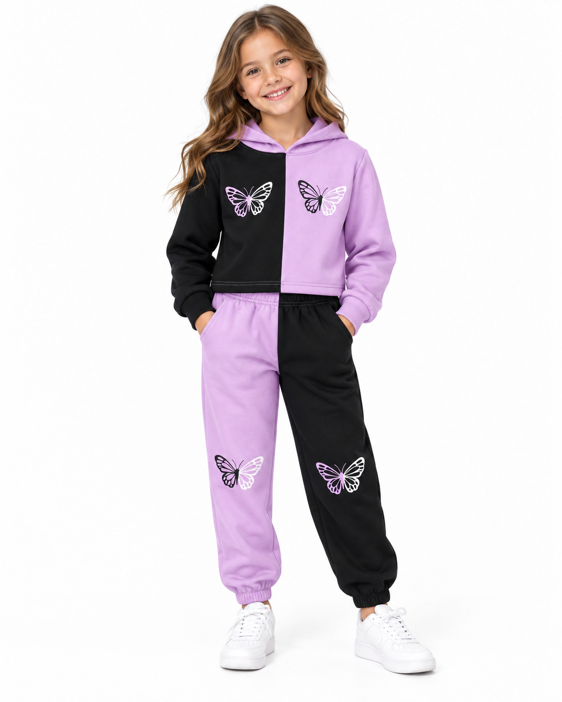 Set niña deportivo bicolor con estampado de mariposas 🦋💜�