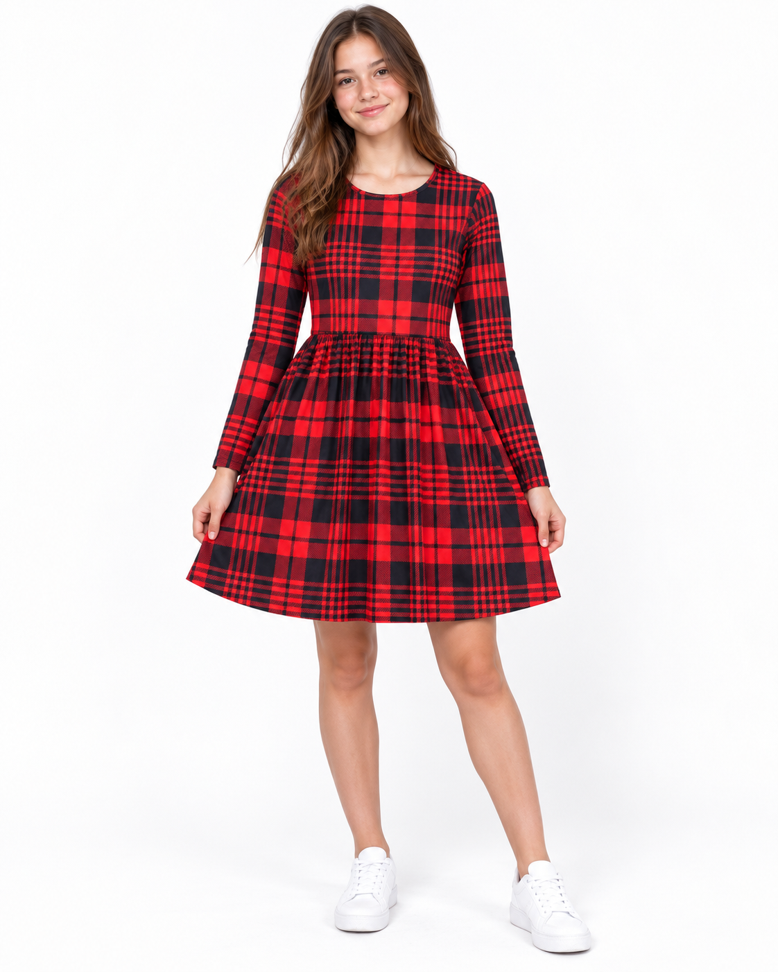 Vestido niña a cuadros rojo y negro manga larga