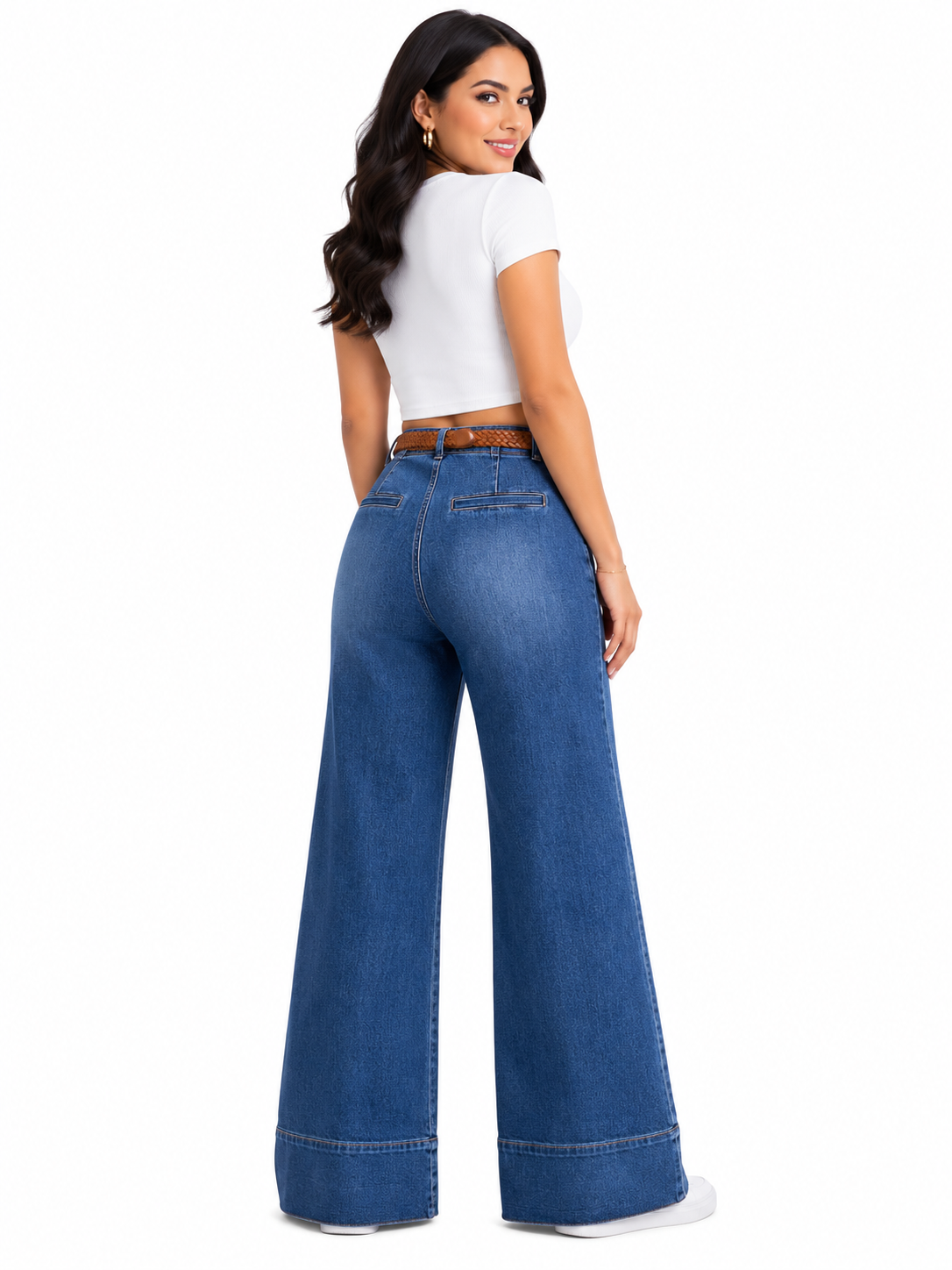 Pantalón dama mezclilla palazzo wide leg tiro alto con cinturón