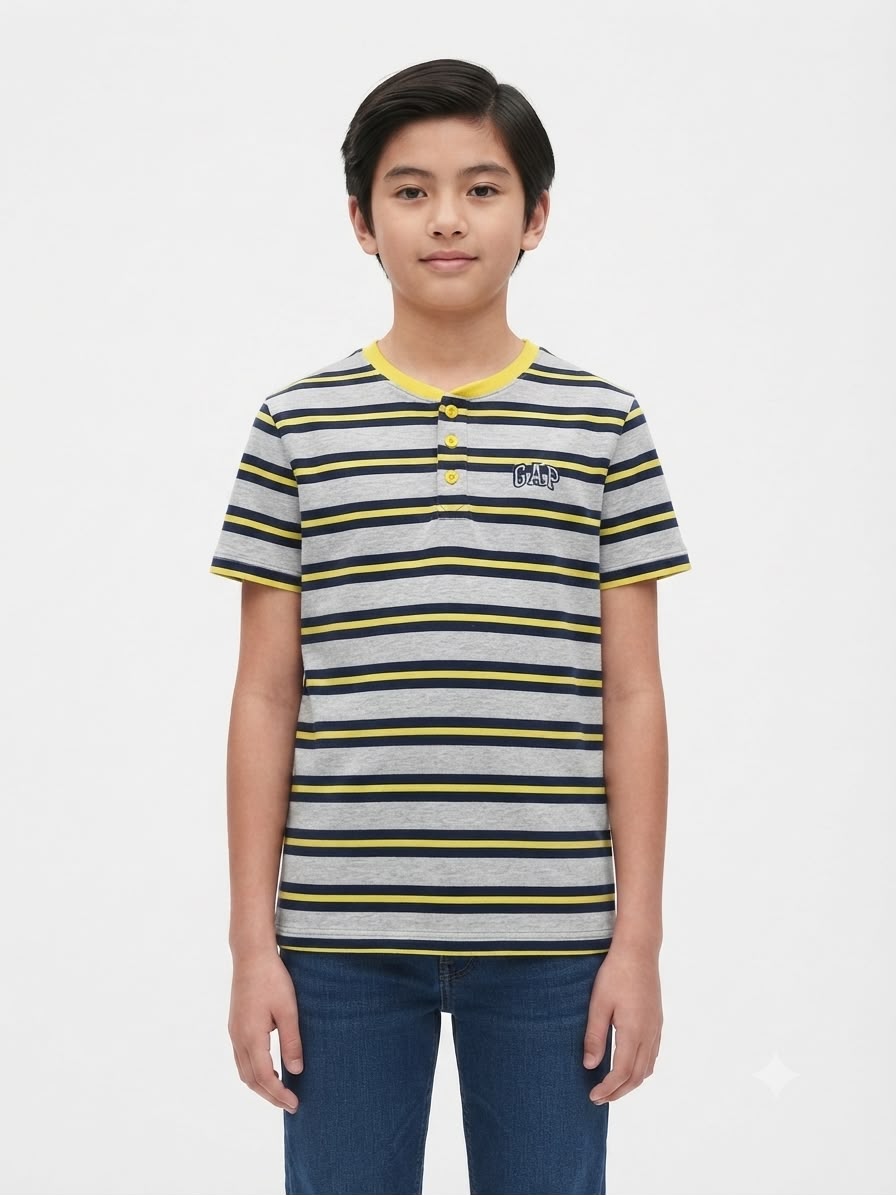 Playera niño cuello redondo rayas gris, azul marino y amarillo