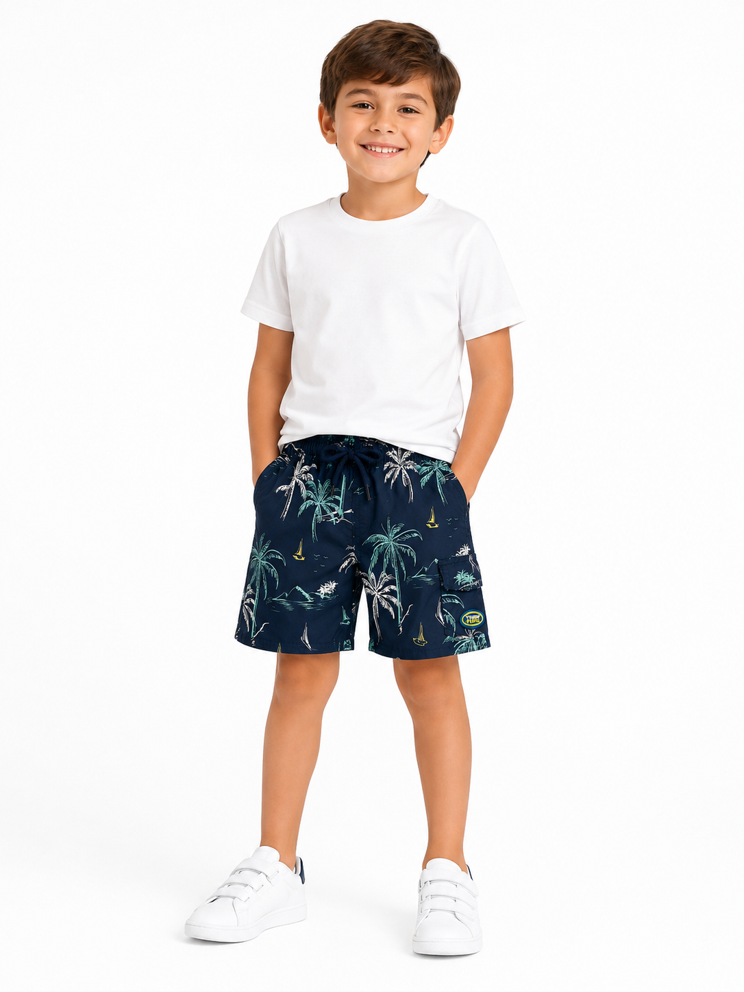 Short niño tipo playero con estampado tropical 🌴🌊