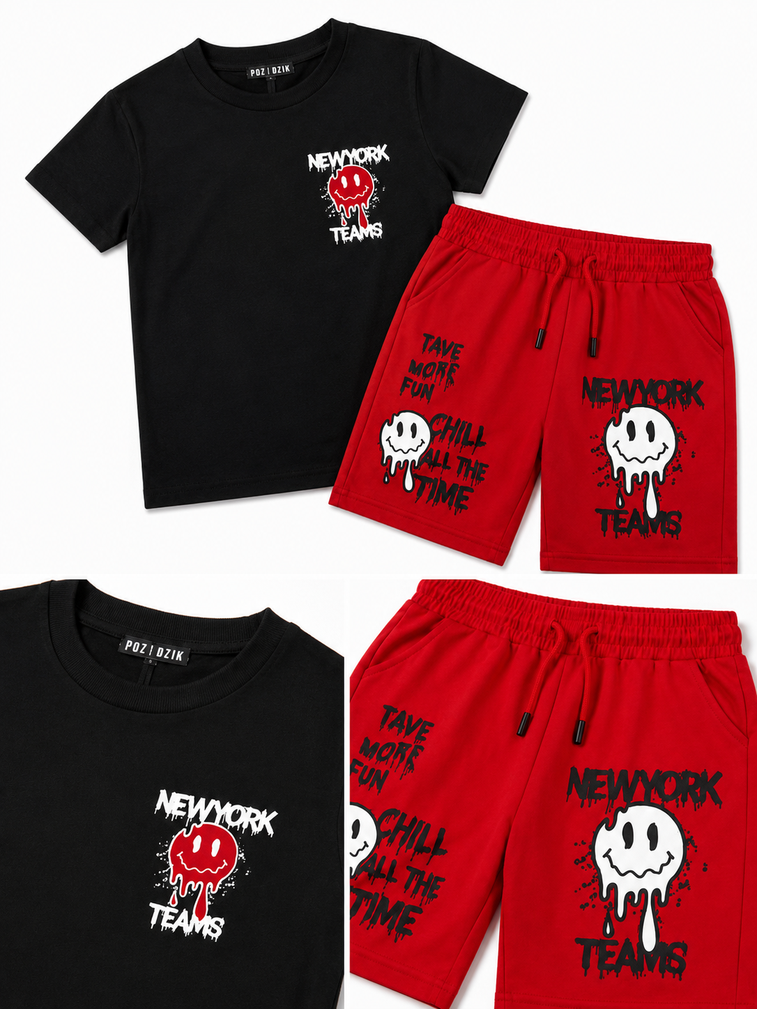 Set niño playera negra con short rojo estampado estilo urbano casual 🖤❤️
